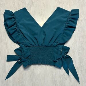 Teal Ruffle V-Neck Crop Top with Side Ties or tie in back